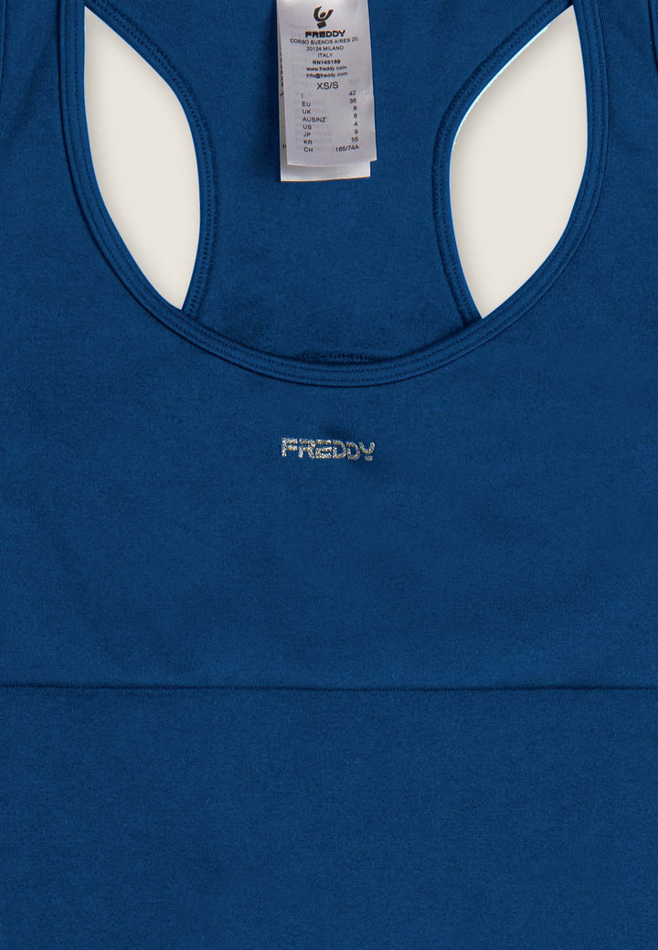 F25WSMJ1-B61 Slim Fit Jumpsuit met Racerback en Porthole Rugdetail