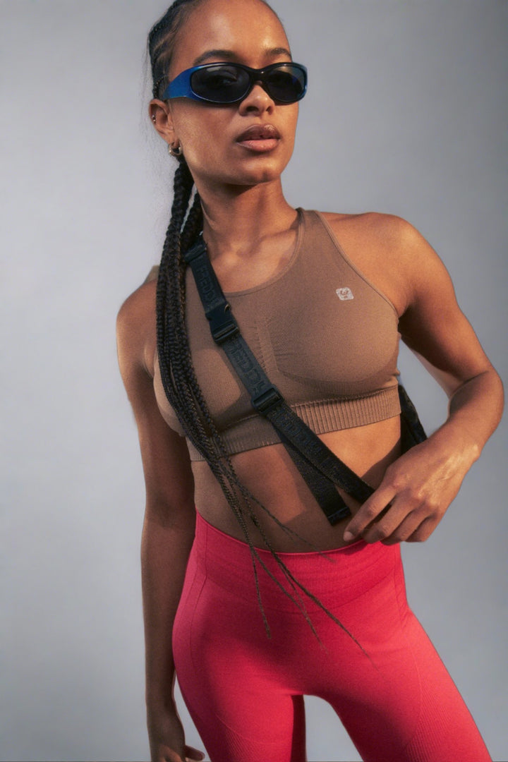 freddy pantroom support sports sport gym bra seamless crossed straps fitness top gym brown bruin