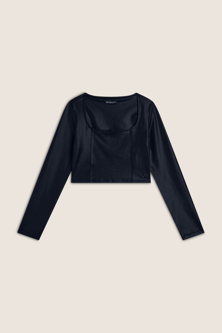 blue coated diwo top long sleeves blauw donkerblauw top glanzend