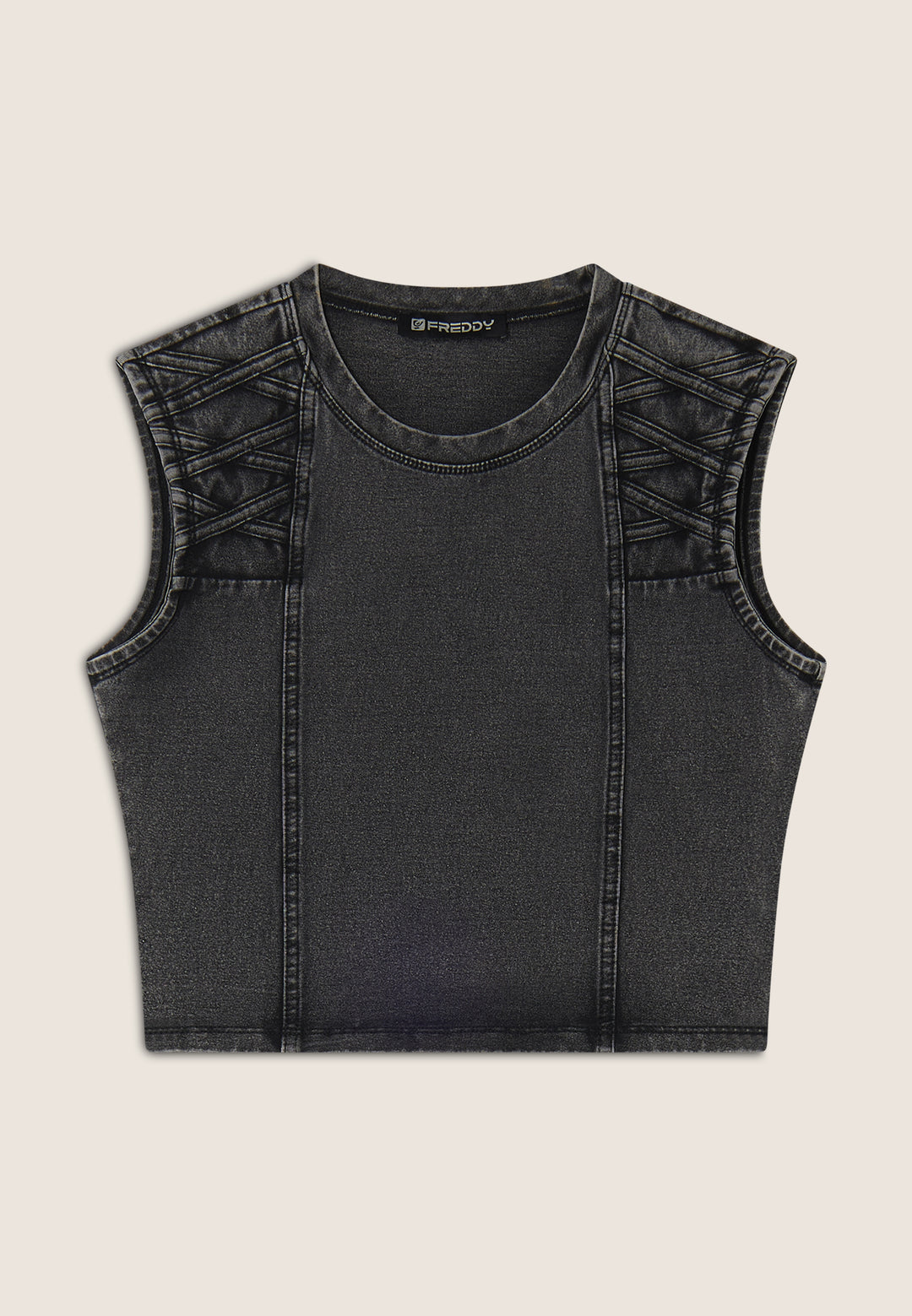 (S25WTWT16-J131N) Cropped Denim-Look Top met Stoere Schouderdetails