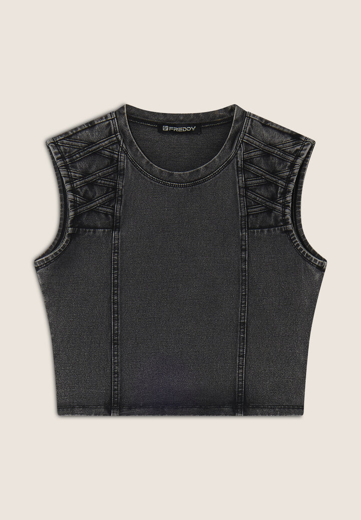 (S25WTWT16-J131N) Cropped Denim-Look Top met Stoere Schouderdetails