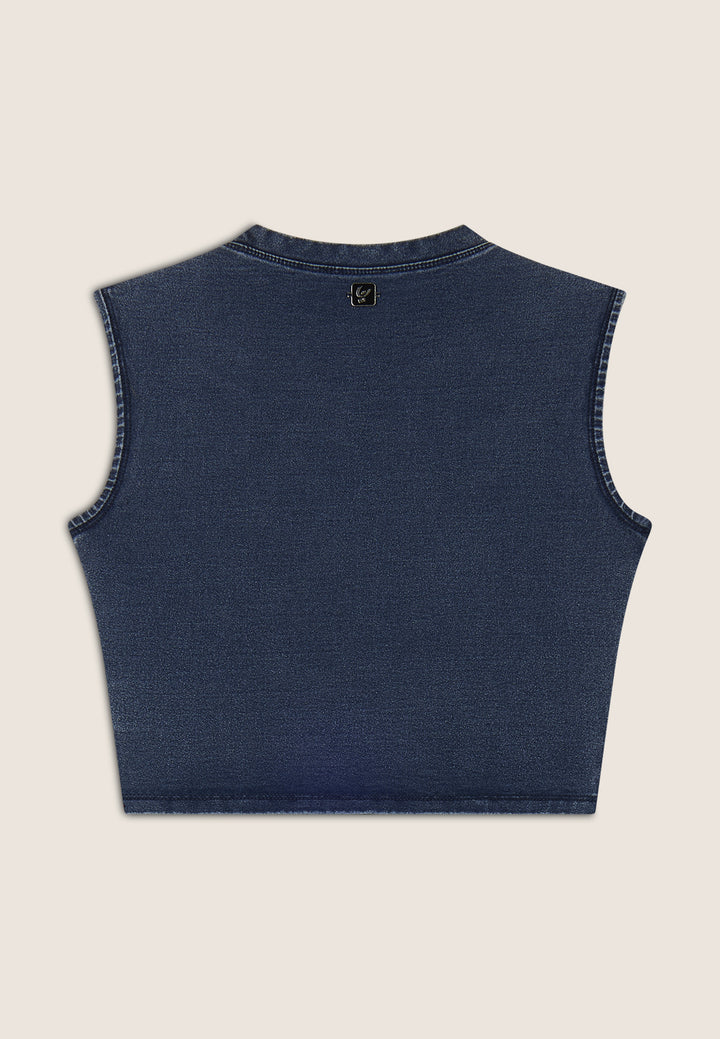 (S25WTWT16-J145B) Cropped Denim-Look Top met Stoere Schouderdetails