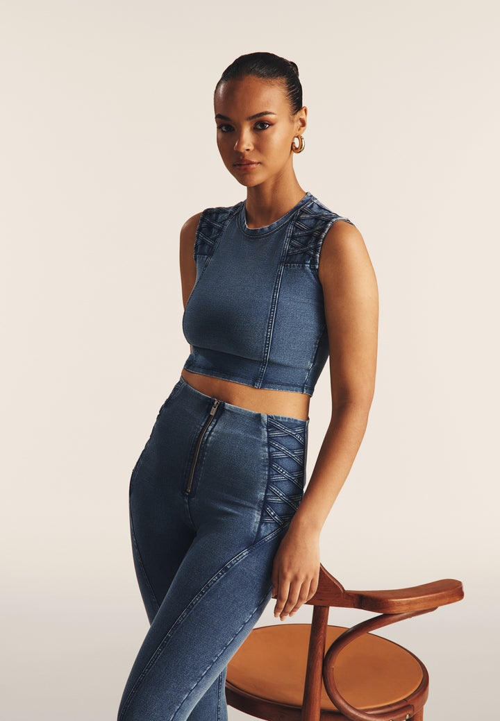 (S25WTWT16-J145B) Cropped Denim-Look Top met Stoere Schouderdetails