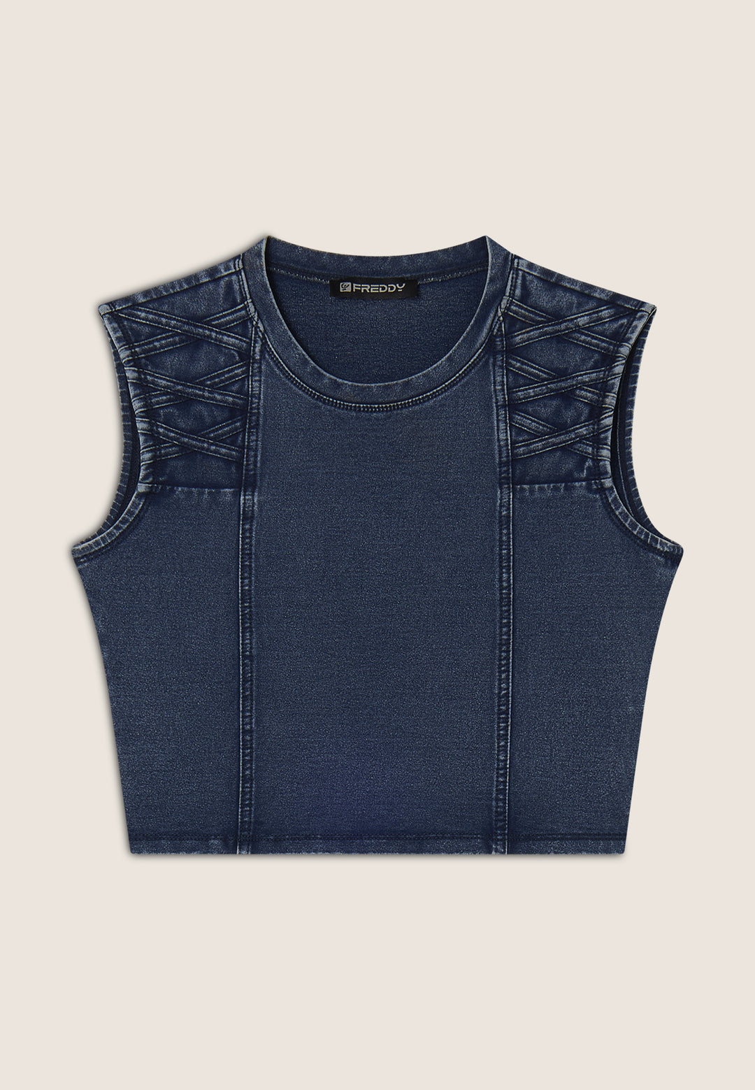 (S25WTWT16-J145B) Cropped Denim-Look Top met Stoere Schouderdetails