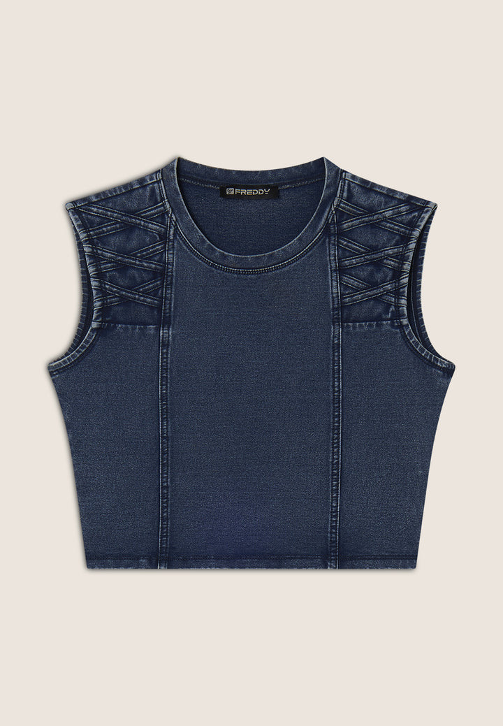 (S25WTWT16-J145B) Cropped Denim-Look Top met Stoere Schouderdetails