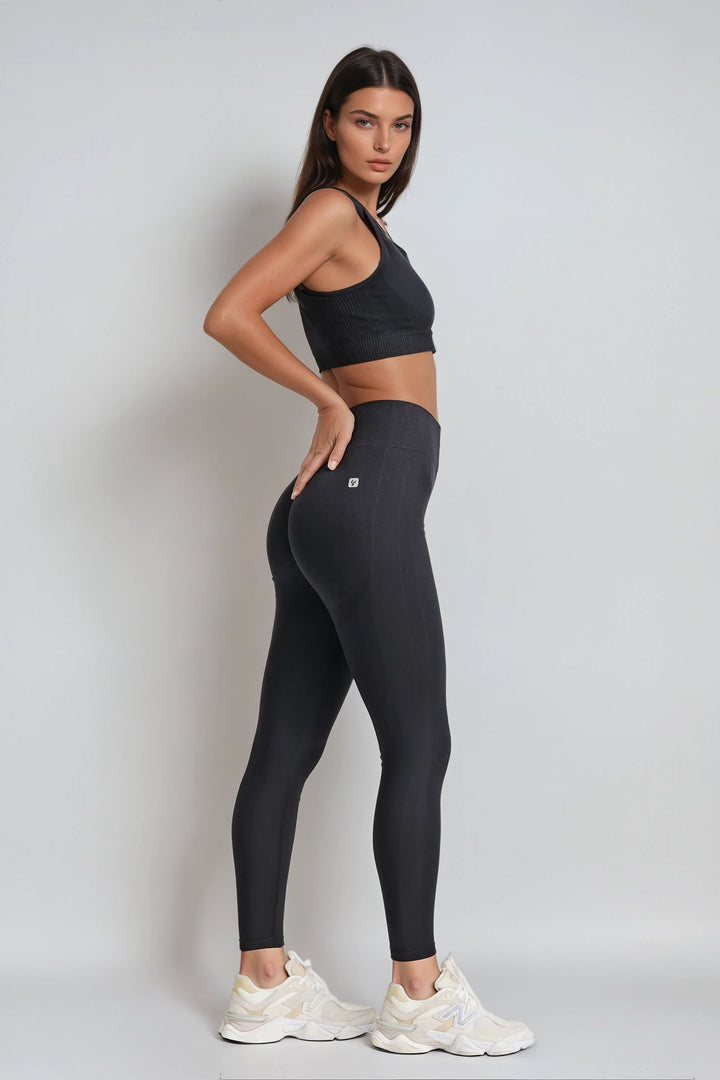 (SF5HF316-N) High-Waistband Ankle-Length Seamless Leggings with Ribbed Details