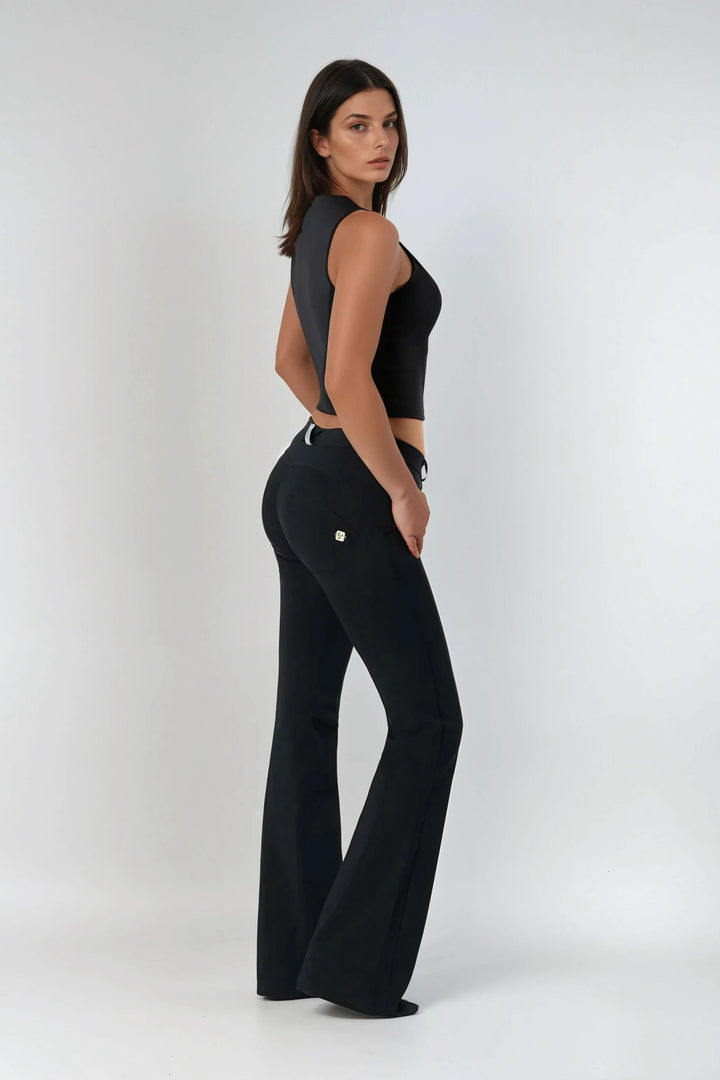 KATOEN COTTON FLARED MID WAIST REGULAR WAIST ZWART BLACK LEGGING PUSH UP SOFT STRETCH PANTS BROEK
