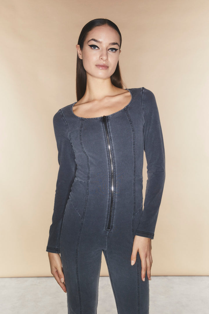 (WRUP19HF470-J125N) Sleeveless Dungaree Medium Grey Denim-Black seams