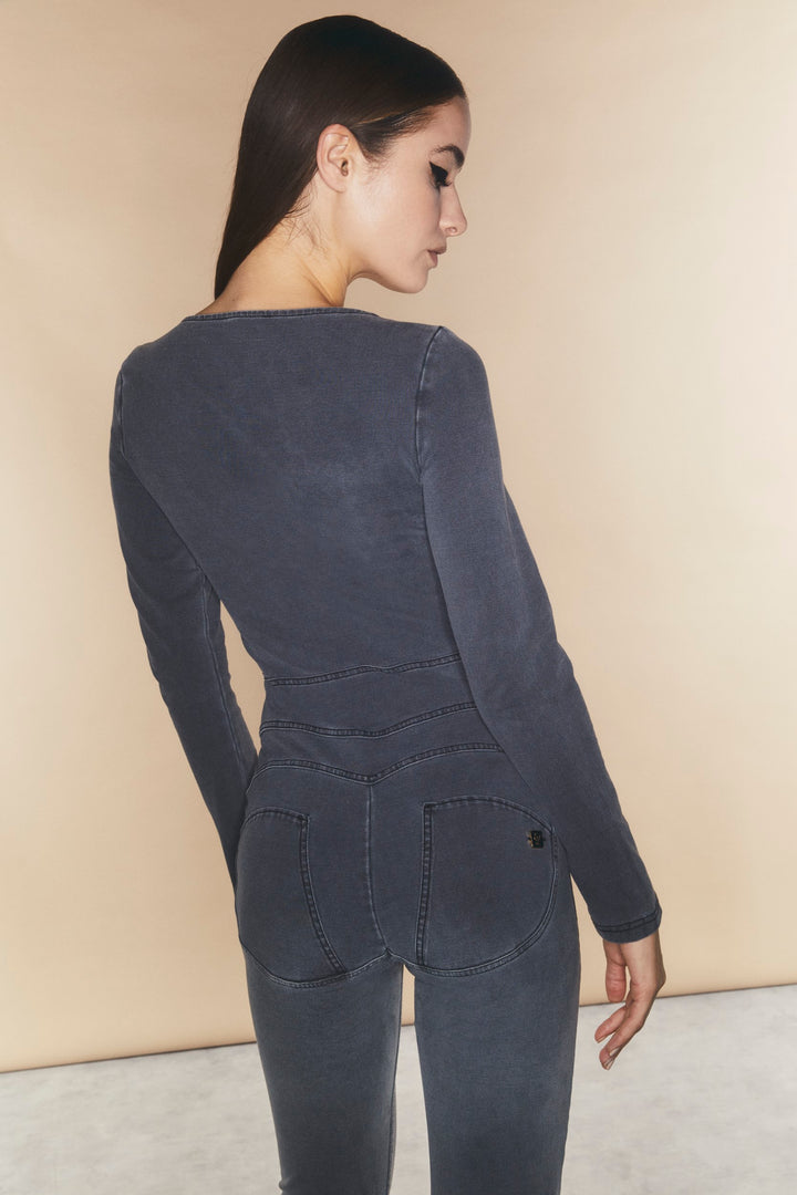 (WRUP19HF470-J125N) Sleeveless Dungaree Medium Grey Denim-Black seams