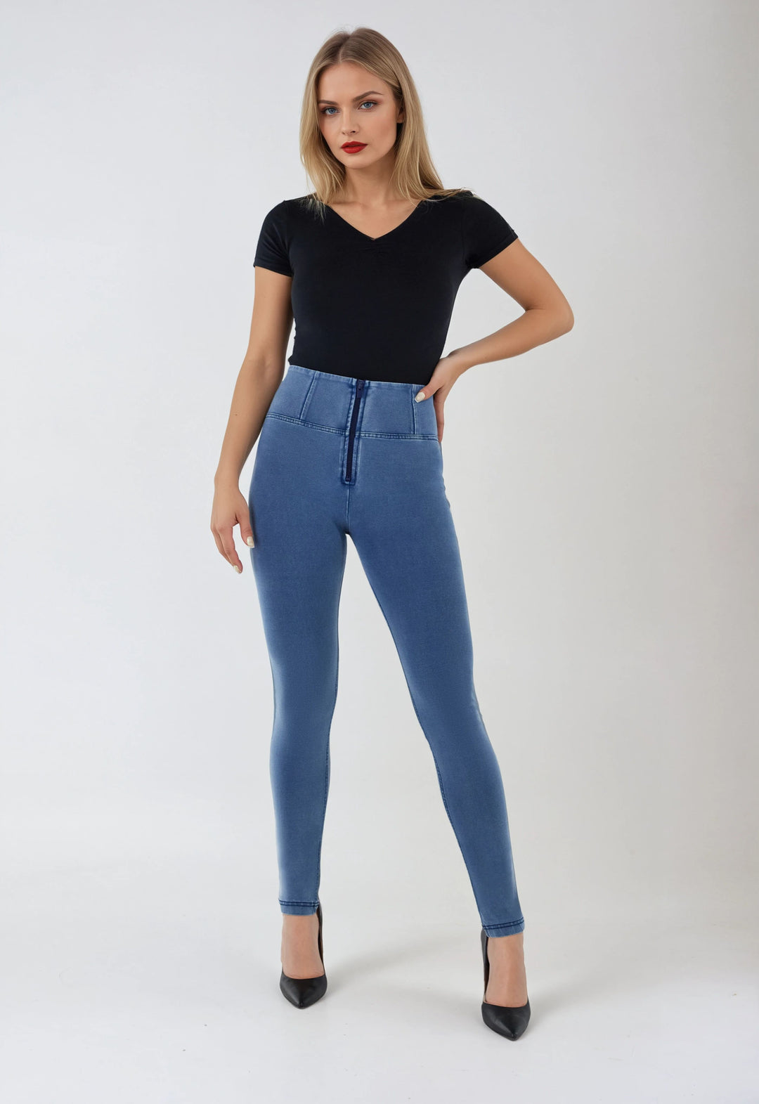 (WRUP2HC002ORG-J4B) Blauwe WR.UP® met Hoge Taille en Zip in Denim Look