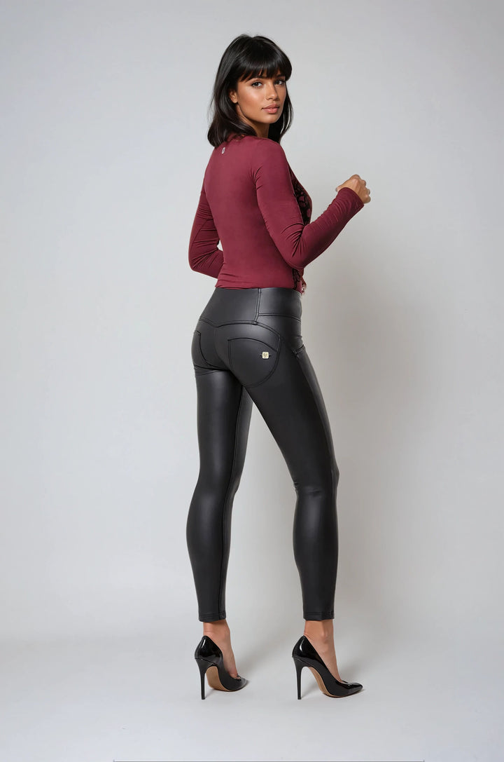 (WRUP1MC006-N)MID-WAIST WR.UP® BLACK PANTS IN FAUX LEATHER