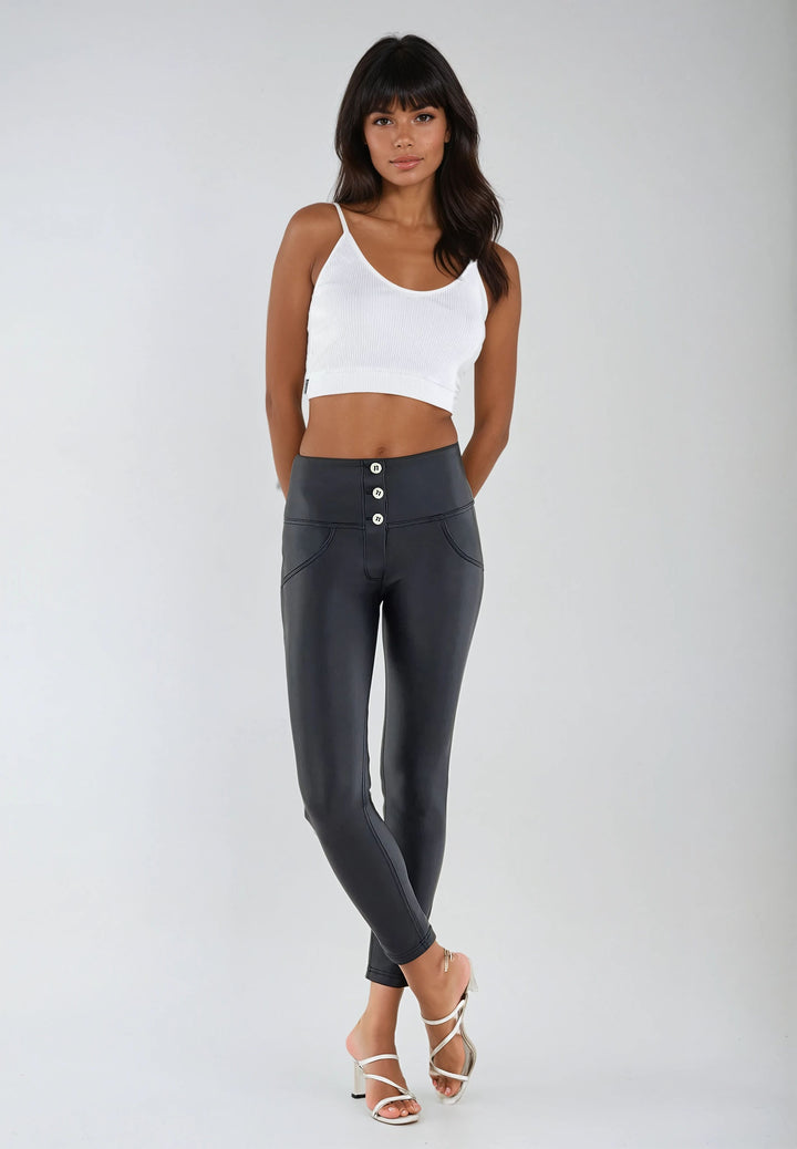 (WRUP1MC006-N)MID-WAIST WR.UP® BLACK PANTS IN FAUX LEATHER