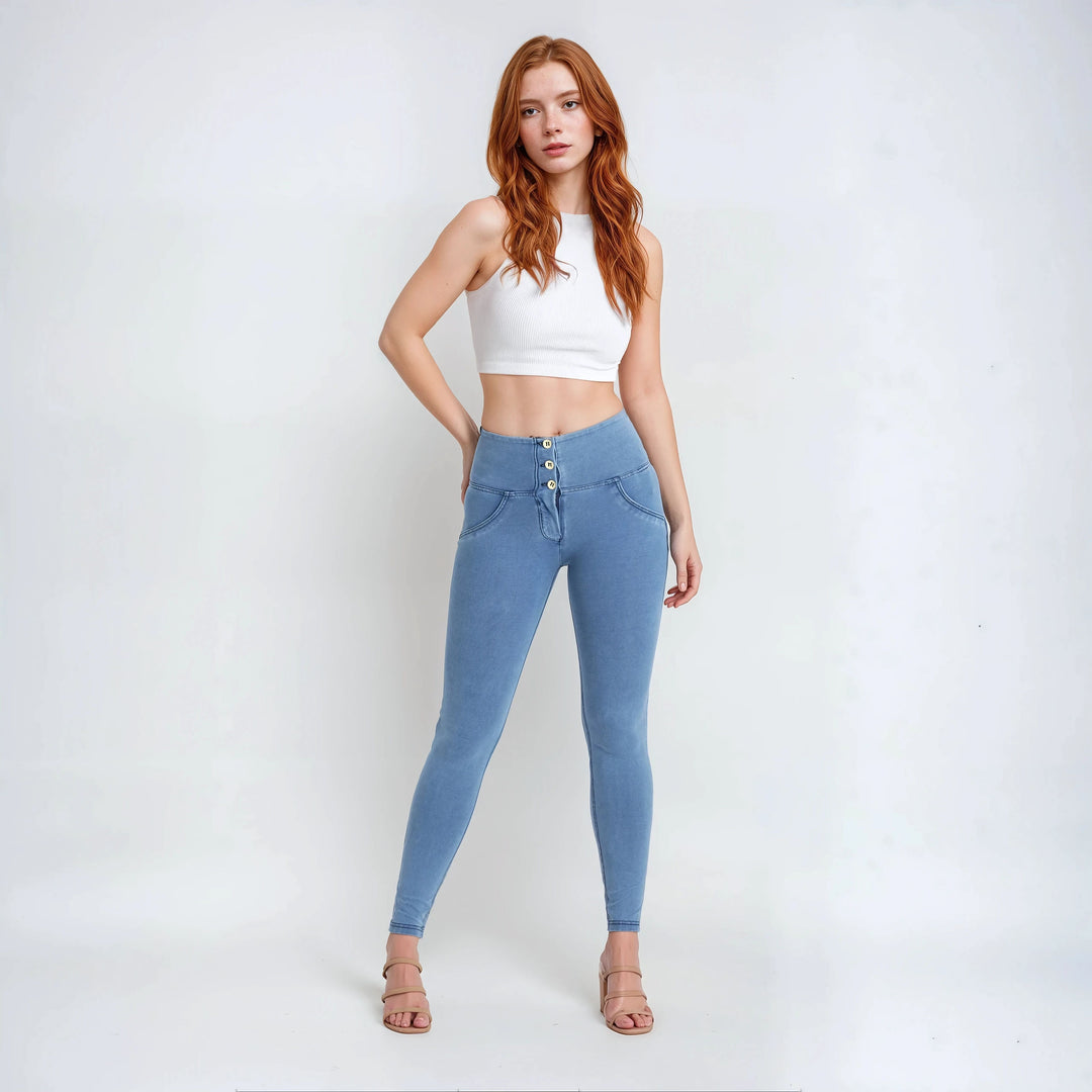 BLUE BLAUW JEASN DENIM SKINNY STRAK HOGE TAILLE HIGH AIST KNOPEN BUTTONS STRETCH DENIM