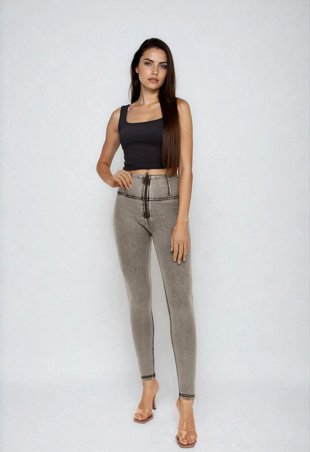 (WRUP2HC002ORG-J3N) Grijze WR.UP® met Hoge Taille en Zip in Denim Look