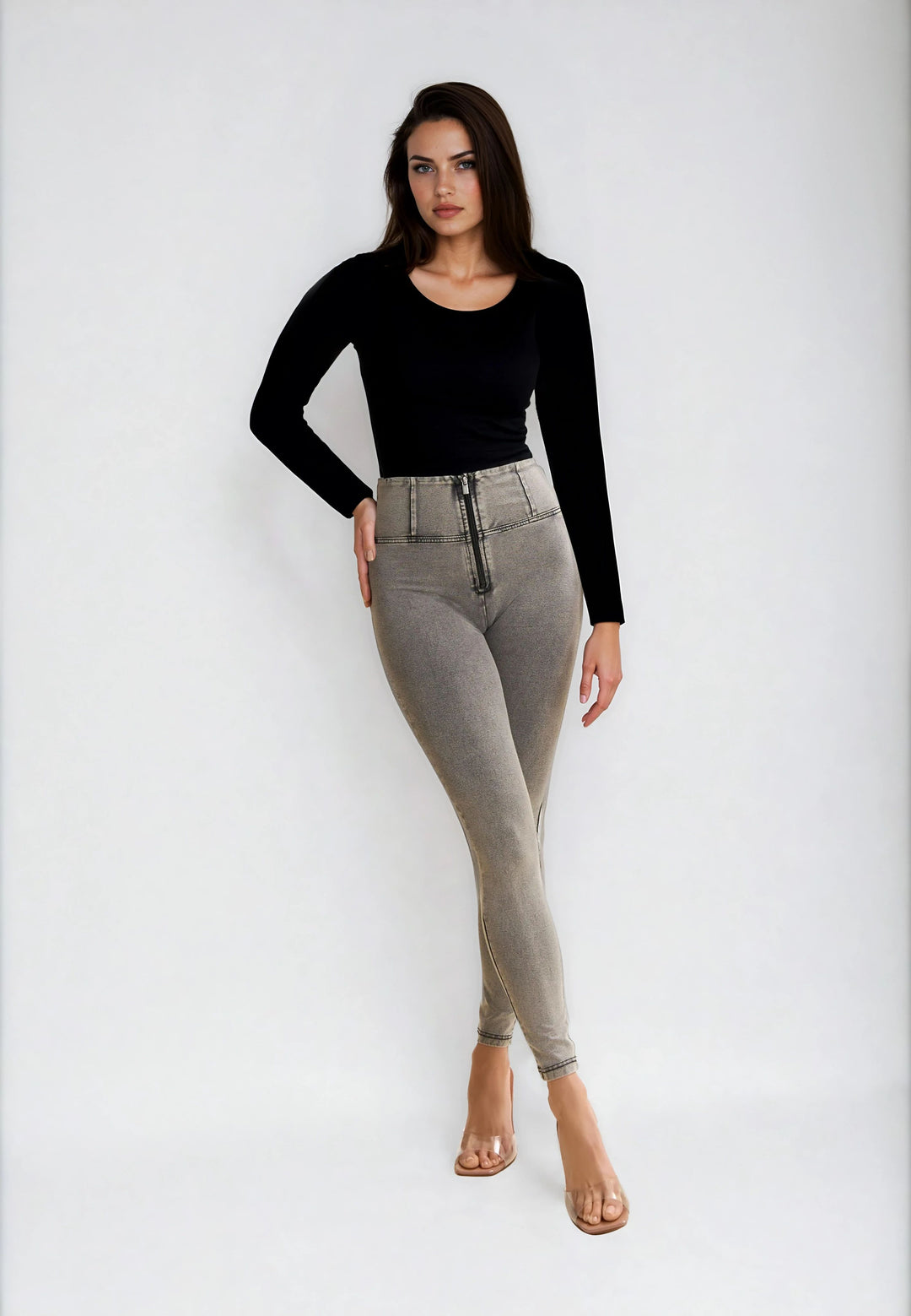 (WRUP2HC002ORG-J3N) Grijze WR.UP® met Hoge Taille en Zip in Denim Look