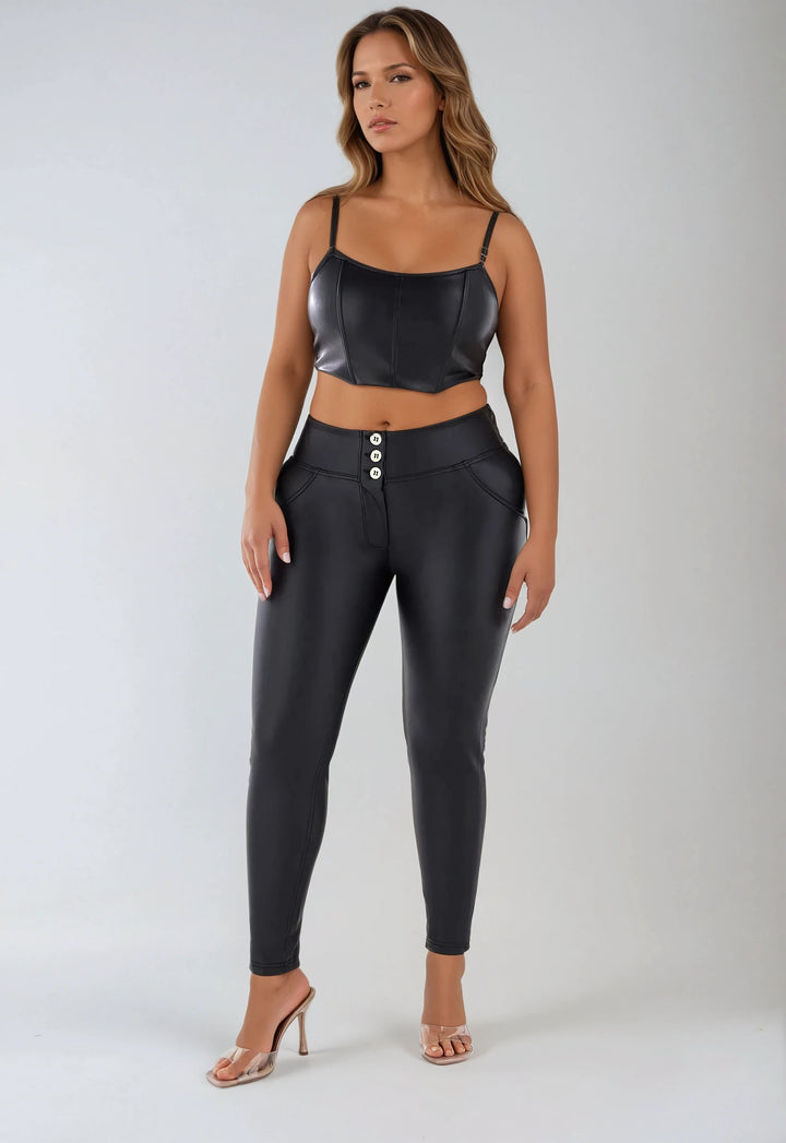 (WRUP4MC006PREC-N) Leather Look Mid Waist WR.UP® in Enkel Lengte met Knoop Sluiting