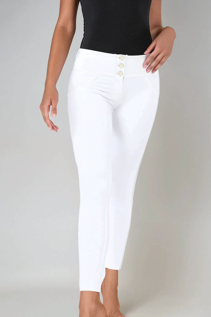 (WRUP4MC006PREC-W) Leather Look Mid Waist WR.UP® in Enkel Lengte met Knoop Sluiting