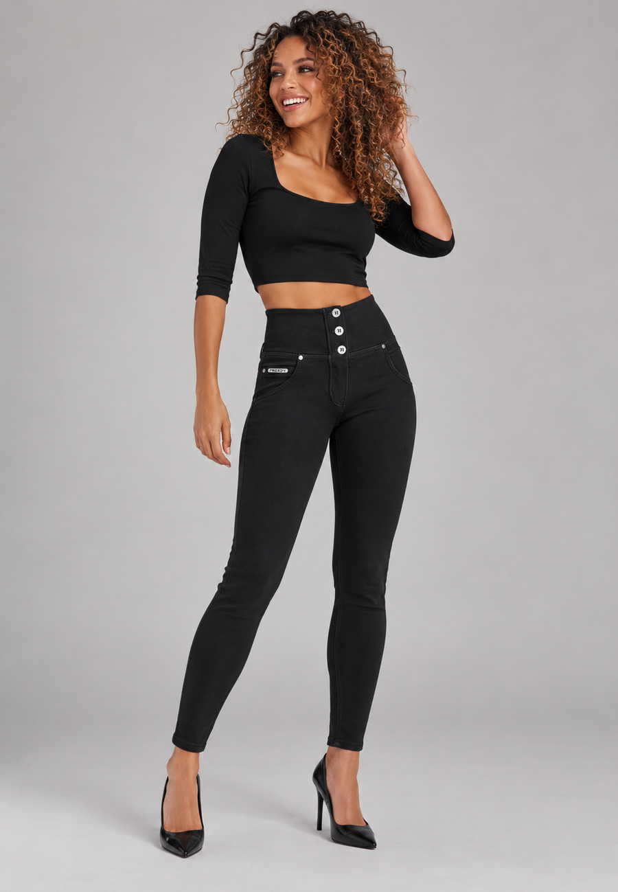 Zwarte WR.UP High Waist met Knoopsluiting in Woven Denim