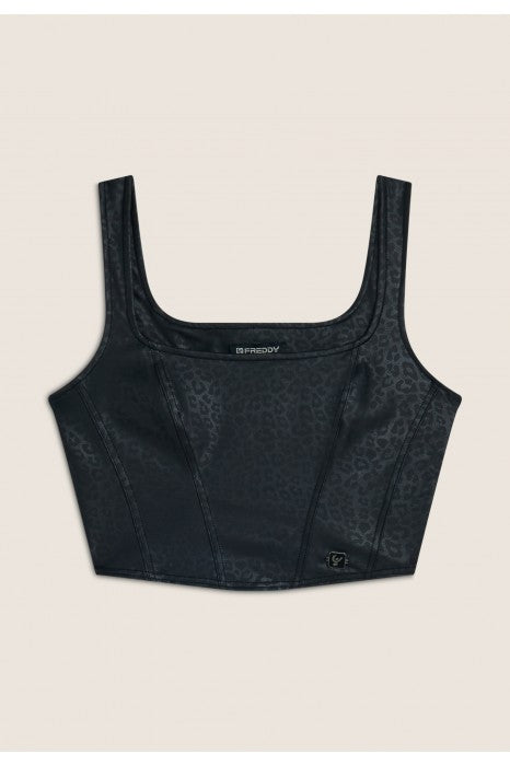 (F4WTWT6-ANI62) Leather Look Top met een All-Over Animal Print