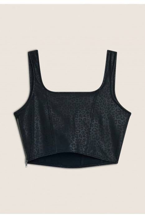 (F4WTWT6-ANI62) Leather Look Top met een All-Over Animal Print