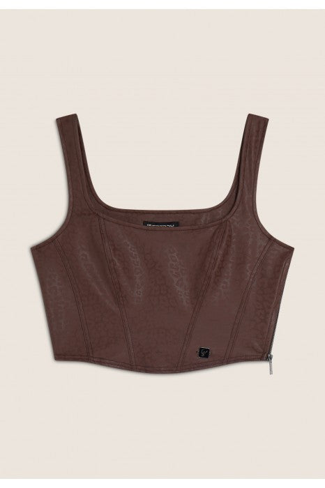 (F4WTWT6-ANI57) Leather Look Top met een All-Over Animal Print