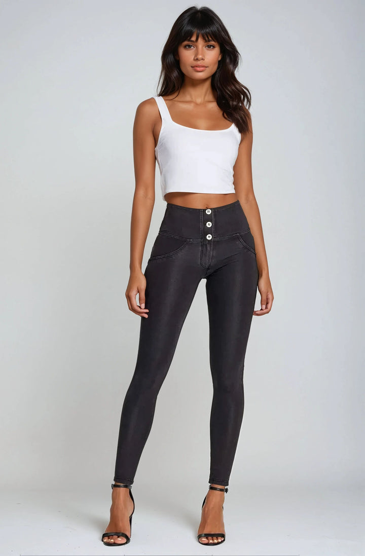 ZWART BLACK STRETCH DENIM JEASN BROEK HOGE TAILLE HIGH WAIST PUSHUP SHAPING SHAPEWEAR KNOPEN BUTTONS