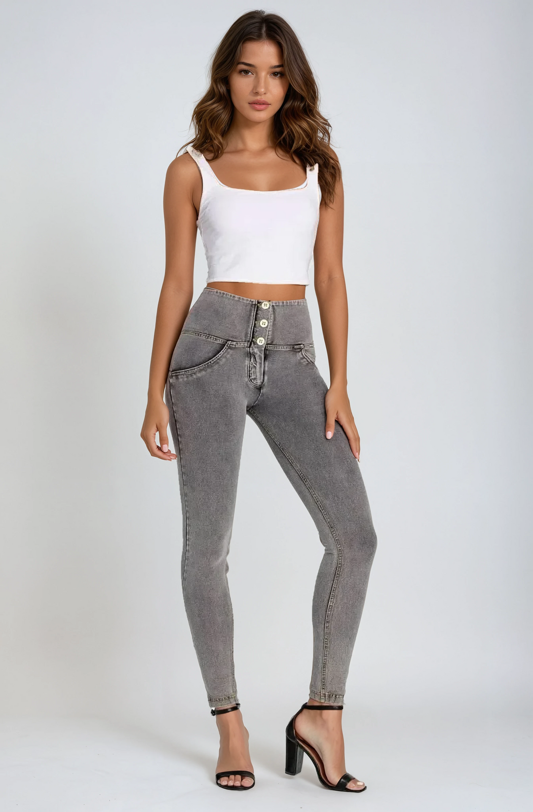 (WRUP2BHC002ORG-J3Y) Denim Look WR.UP® met Hoge Taille en Knoopsluiting