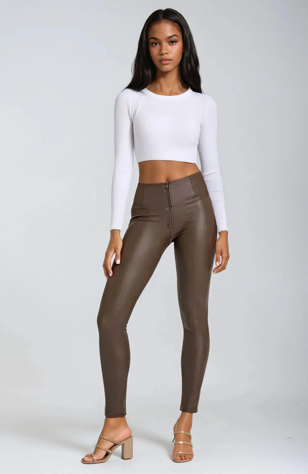 WRUP2HC006PREC-M12 Bruine WR.UP® Leather Look met een Hoge Taille en Rits Sluiting