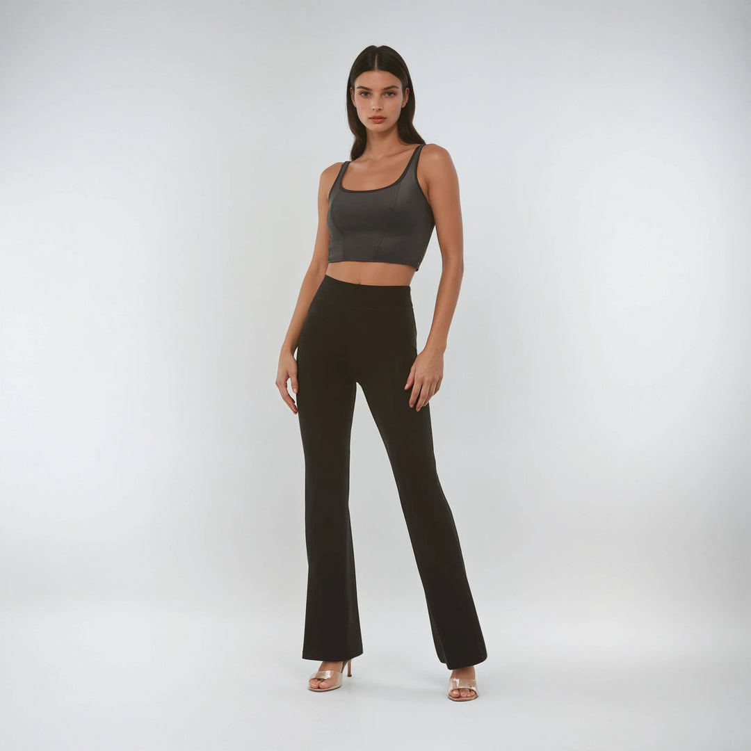 (WRUP11SHS435-N)  Flare Satin Look Leather Hoge Taille WR.UP® met Wijde Pijp en Split aan de Enkel