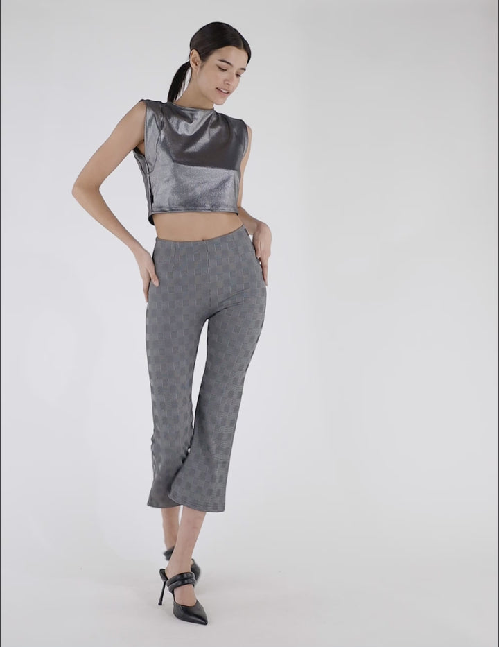 high waist zipper shapewear shaping calf length geruiten hoge taille rits push up grijs grey plaid flared pants broek