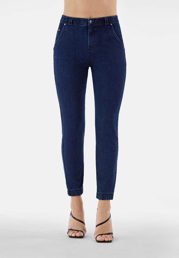 BLACK1HF202-J0B Blauwe Freddy Jeans met een Hoge Taille, Patch Pockets en een Hip Detail aan de Enkel