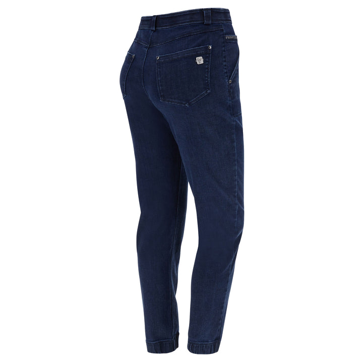 BLACK1HF202-J0B Blauwe Freddy Jeans met een Hoge Taille, Patch Pockets en een Hip Detail aan de Enkel