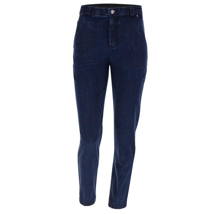 BLACK1HF202-J0B Blauwe Freddy Jeans met een Hoge Taille, Patch Pockets en een Hip Detail aan de Enkel