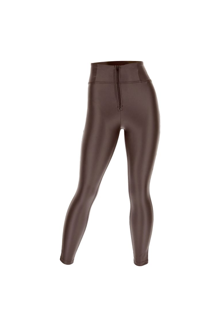 faux leather legging stretch freddy shaping push up leather look leer nepleer high waist hoge taille rits zip zipper comfort fitting bruin brown curvy