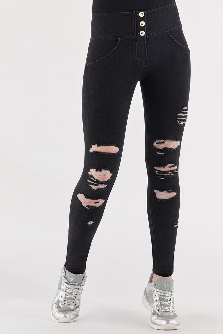 freddy stretch denim rips scheurtjes mid waist knoopsluiting push up shapewear shaping zwart black