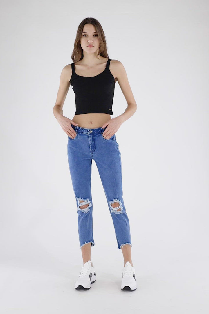 (BLACK5RS203-J4B) Freddy Black 7/8 Skinny Jeans, Ripped At The Knees