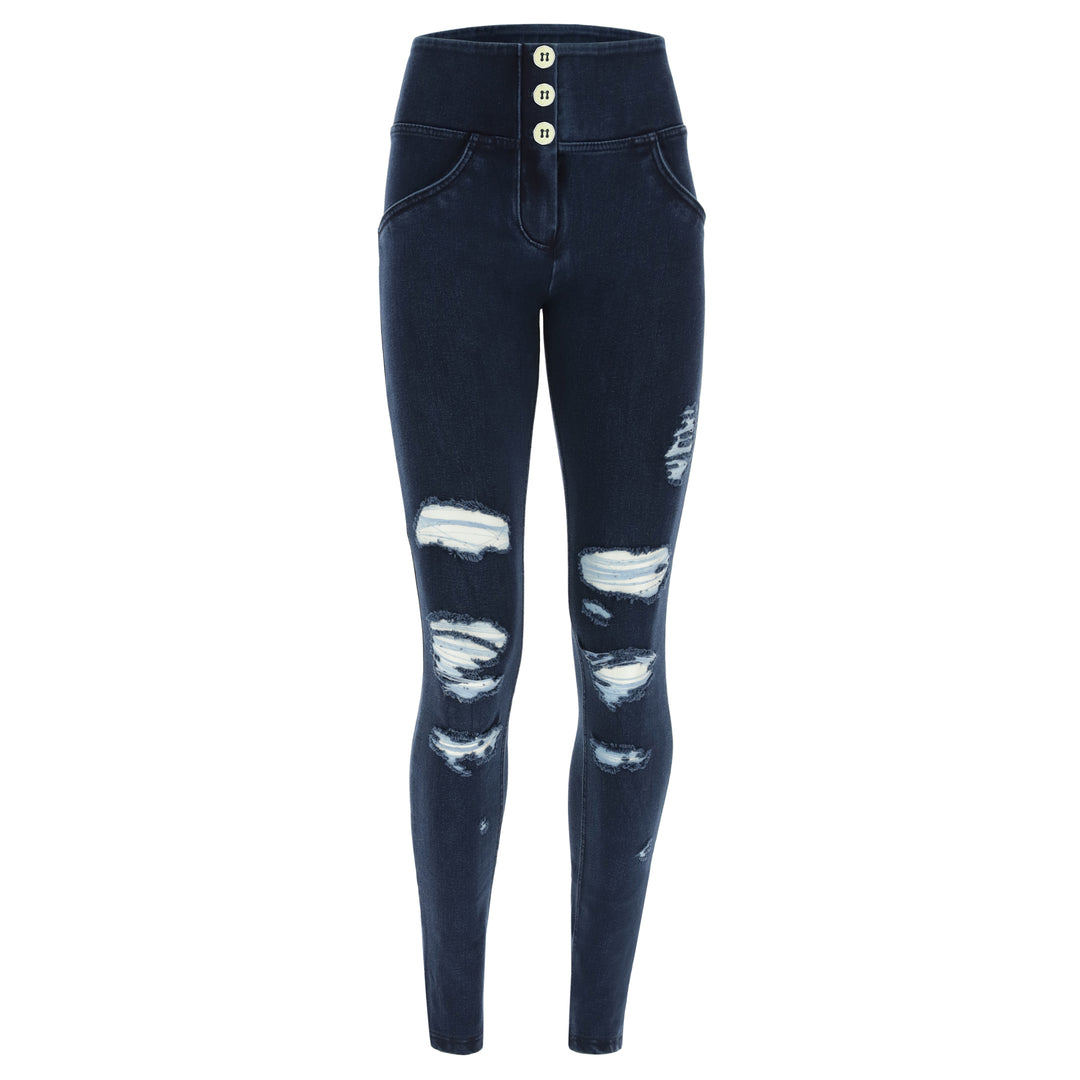freddy stretch denim rips scheurtjes mid waist knoopsluiting push up shapewear shaping donkerblauw blauw dark blue