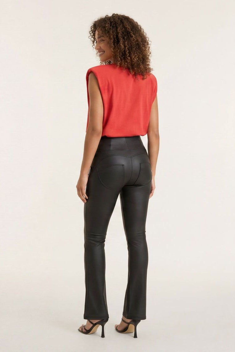 Woman wearing a red top and black pants, shown from front and back on a white background