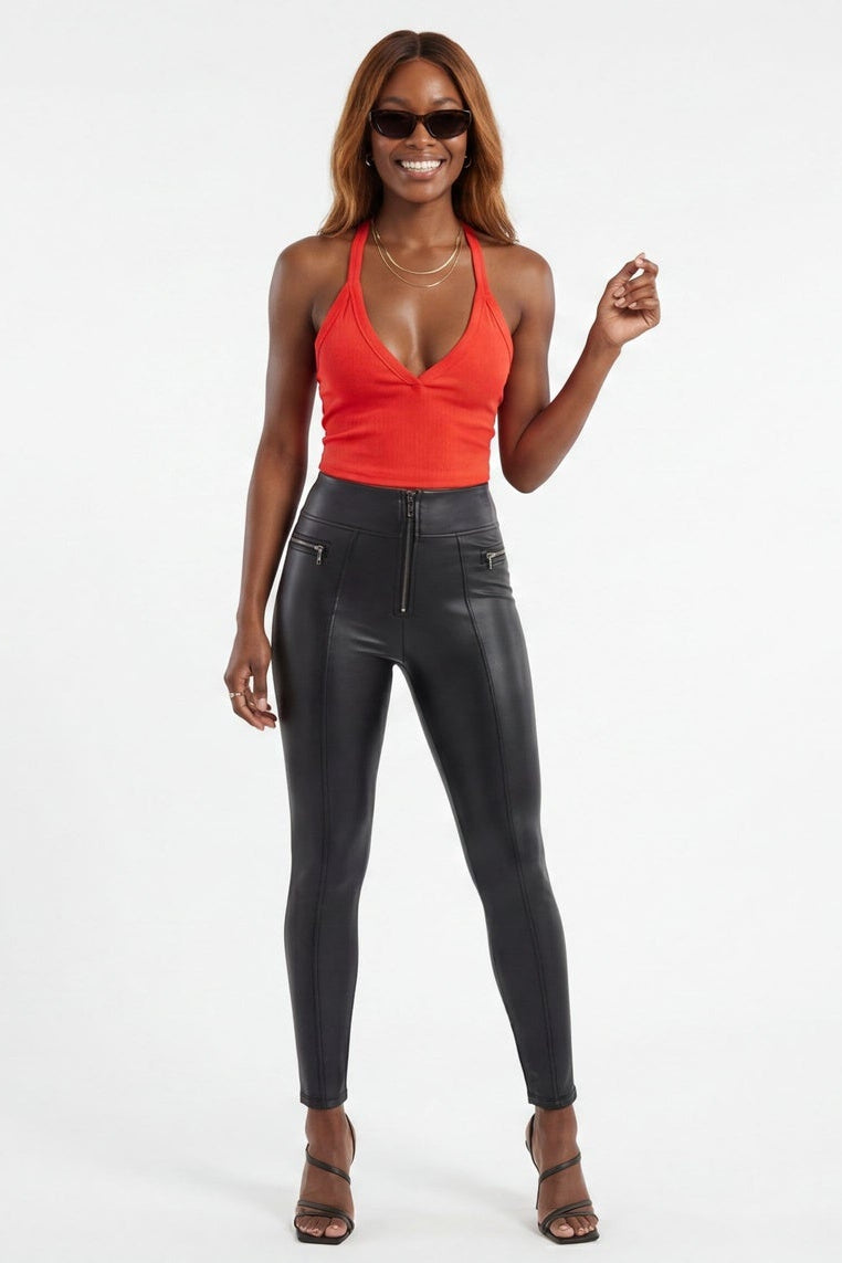 Woman wearing a red top and black leather pants, shown from front and back on a white background.