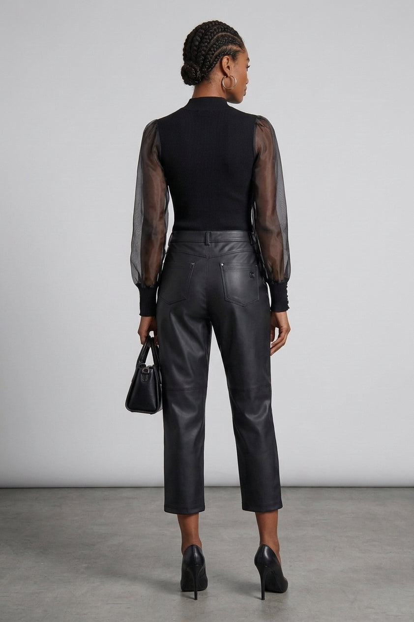 (BLACK15RF206-N) Freddy Momfit Zwarte Lederen Broek met Wijde Pijpen van Imitatieleer. vergroot