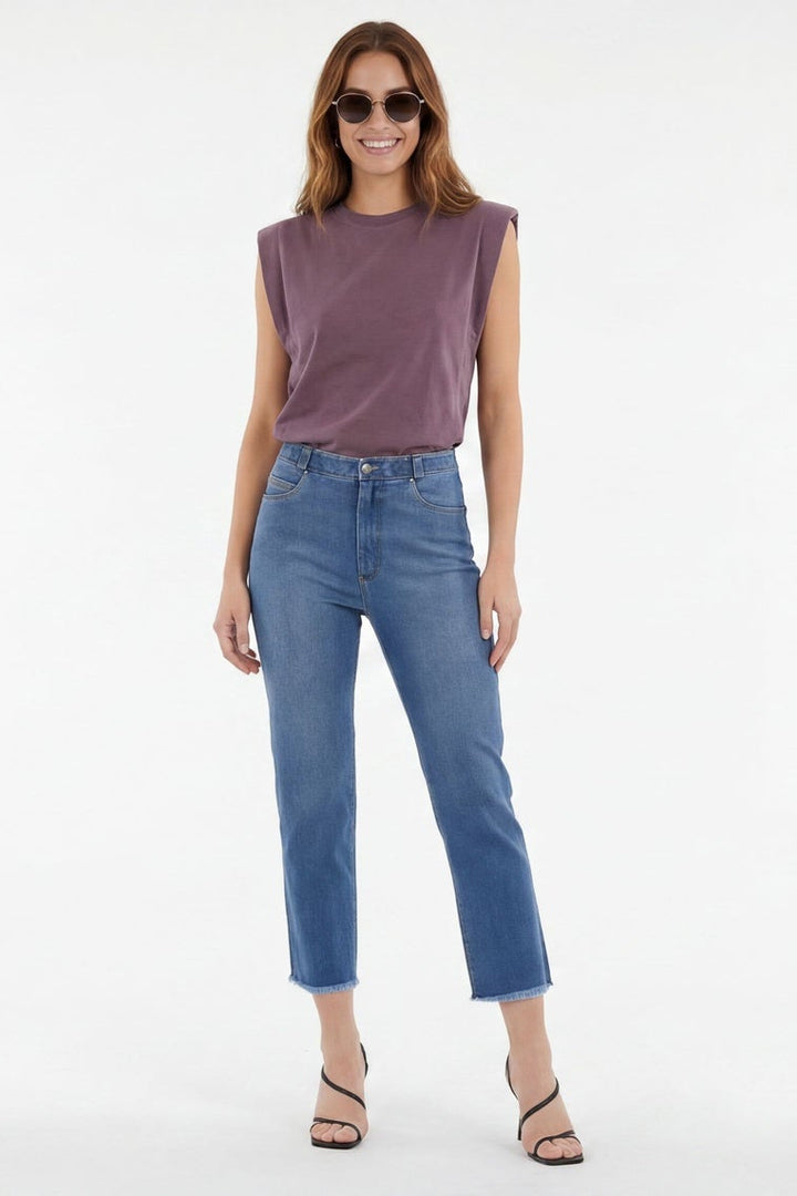 Woman wearing a purple sleeveless top and blue jeans, shown from front and side views on a white background.