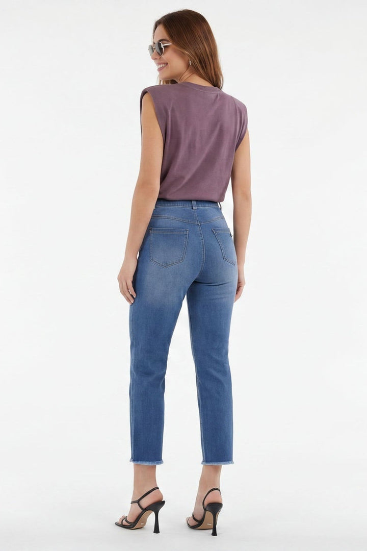 Woman wearing a purple sleeveless top and blue jeans, shown from front and side views on a white background.