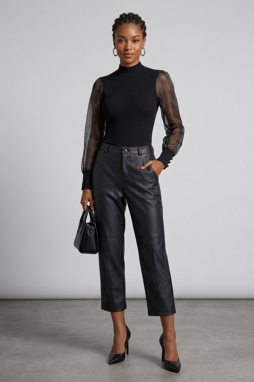 (BLACK15RF206-N) Freddy Momfit Zwarte Lederen Broek met Wijde Pijpen van Imitatieleer. vergroot