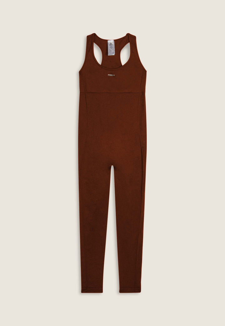 F25WSMJ1- M48  Slim Fit Jumpsuit met Racerback en Porthole Rugdetail