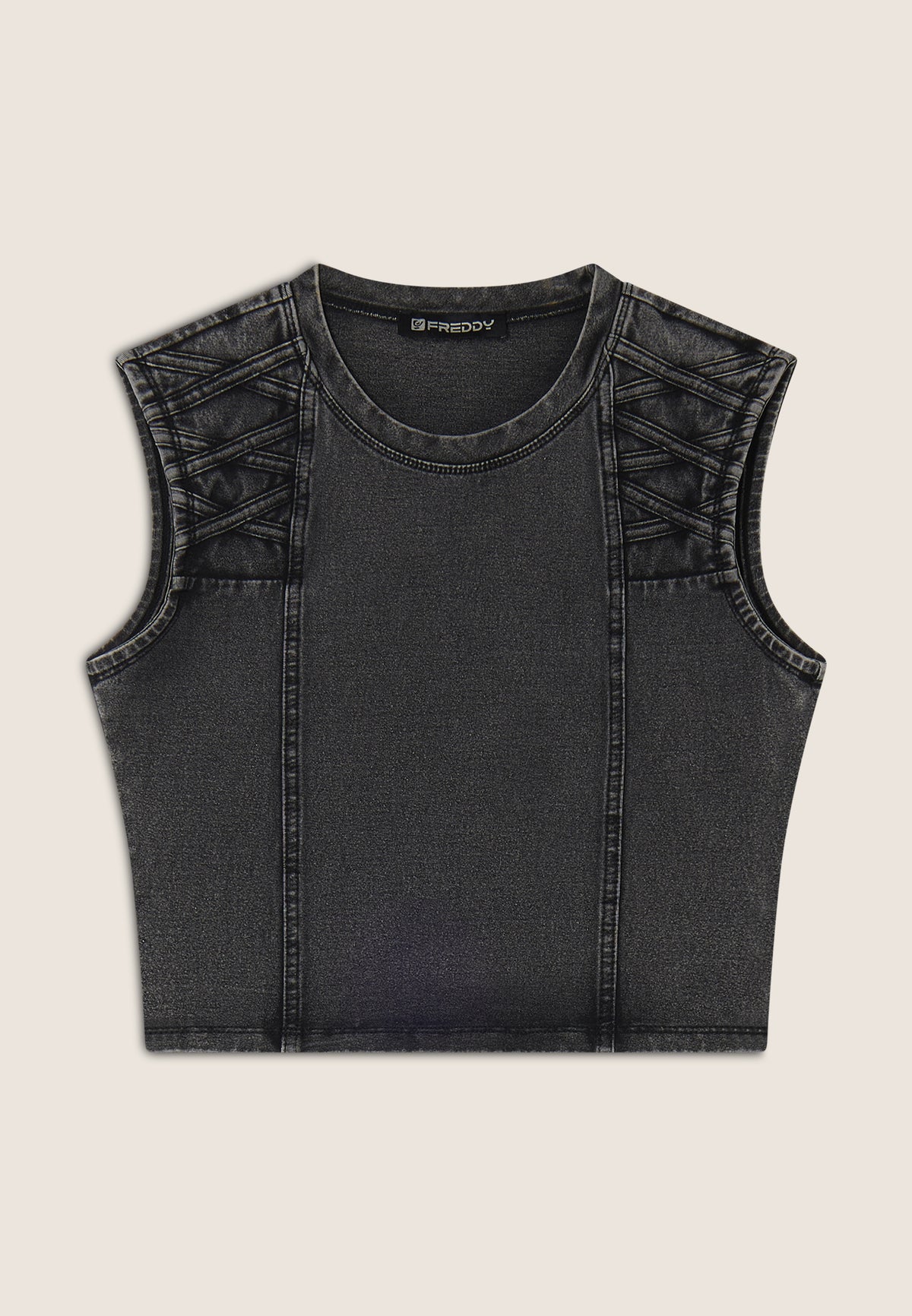 (S25WTWT16-J131N) Cropped Denim-Look Top met Stoere Schouderdetails enlarged