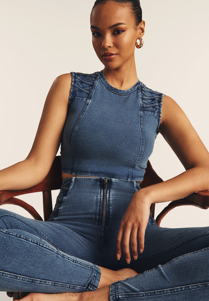 (S25WTWT16-J145B) Cropped Denim-Look Top met Stoere Schouderdetails
