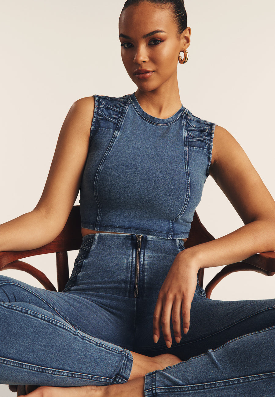 Cropped Denim-Look Top met Stoere Schouderdetails