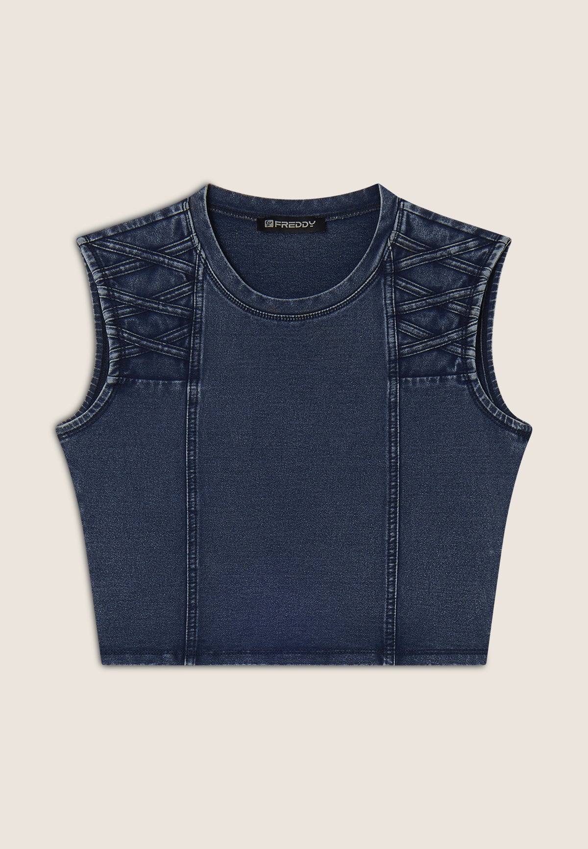 (S25WTWT16-J145B) Cropped Denim-Look Top met Stoere Schouderdetails enlarged