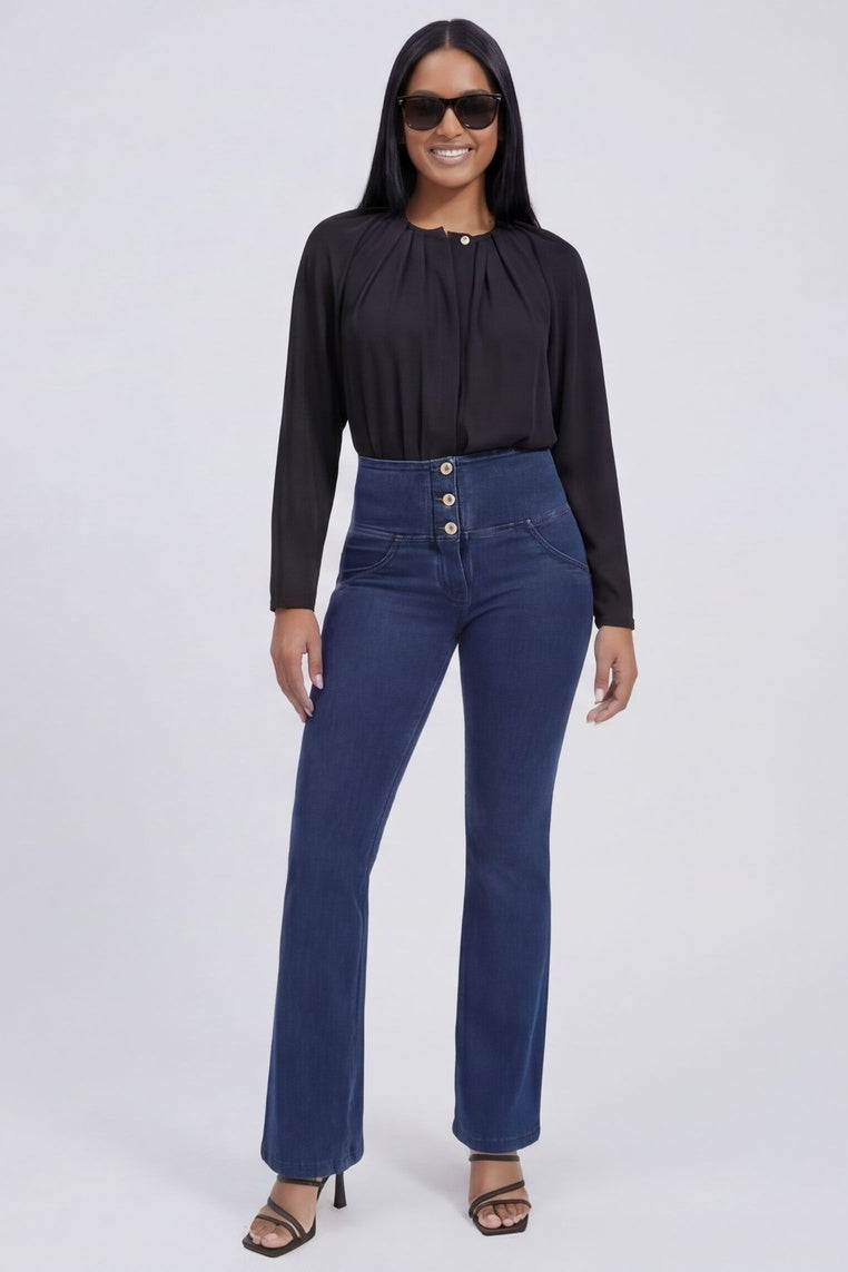 Woman wearing blue jeans and a black top, shown from front and back on a white background