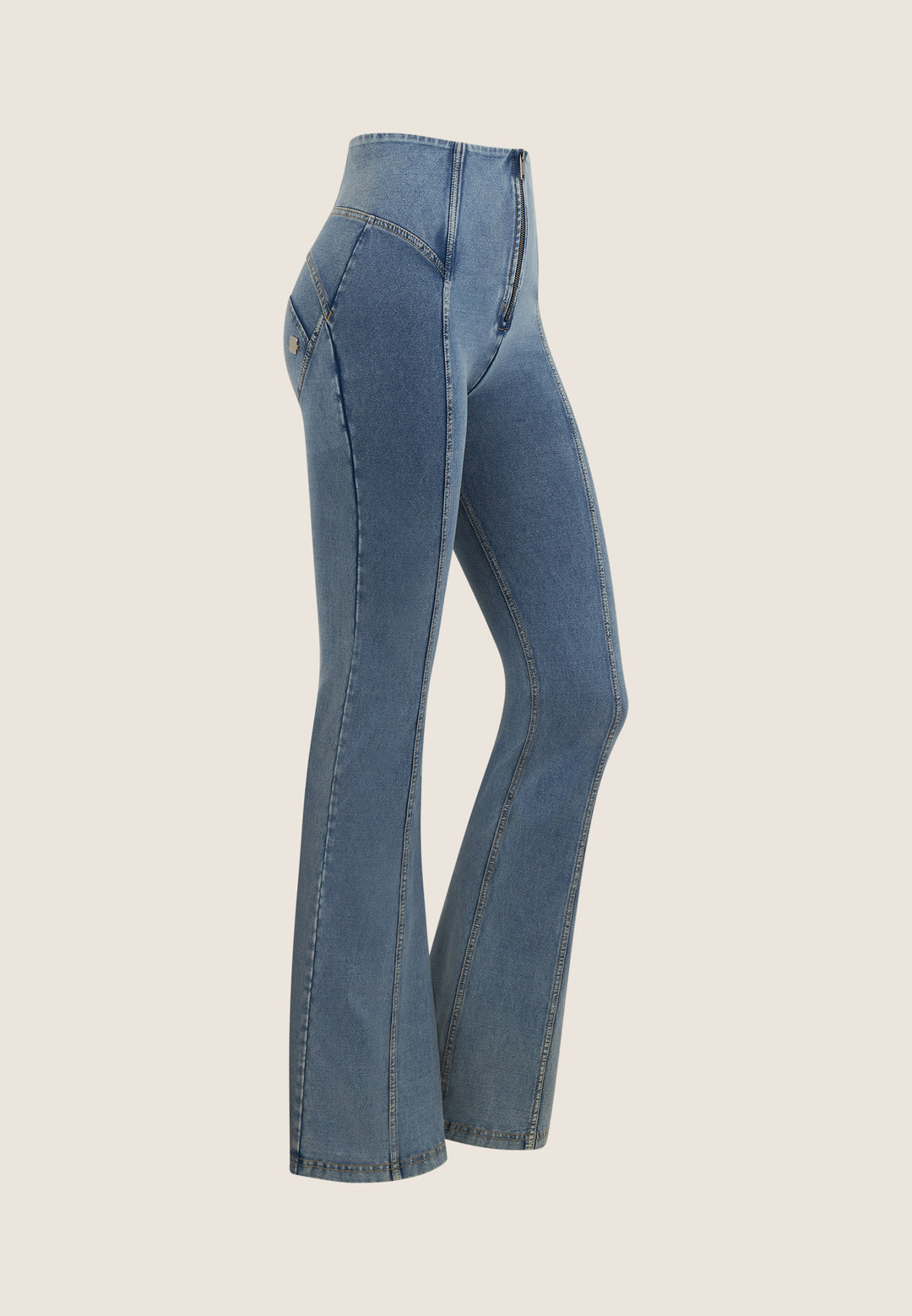 (WRUP11HF406-J108Z) High Waist Flared Denim Look Pants